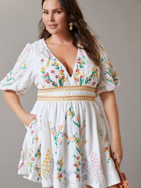 Anthropologie Embroidered Floral Mini Dress | White/Multi | Puff Sleeve Tie‑Back